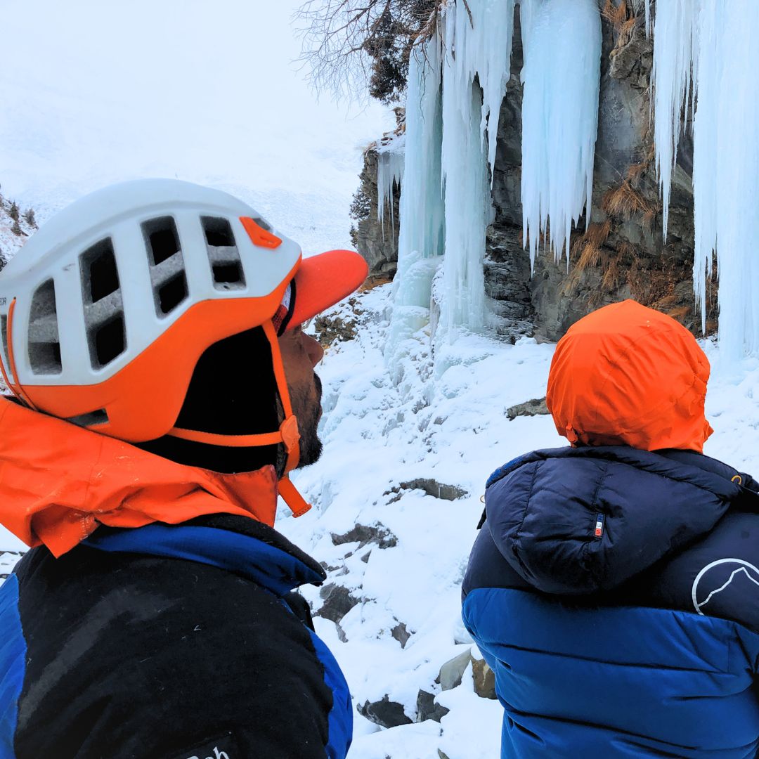 Sunil wearing Petzl Meteor Helmet while ice climbing in Lahaul