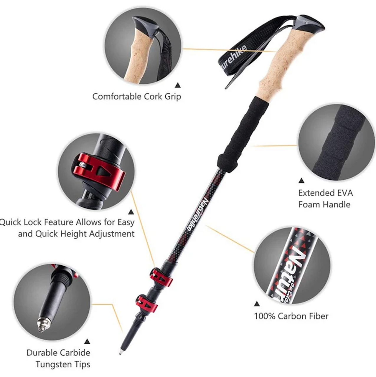 Naturehike Carbon Fibre 3 Part Pole (Pair/2Pcs)