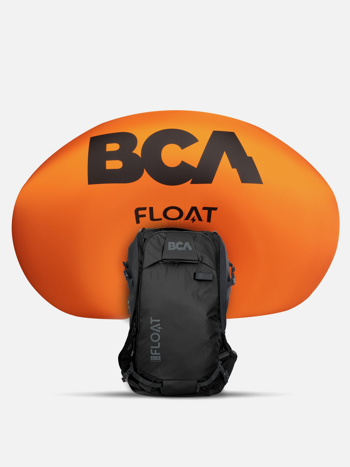 BCA Float E2-35 black backpack with its orange 162 litre avalanche airbag deployed