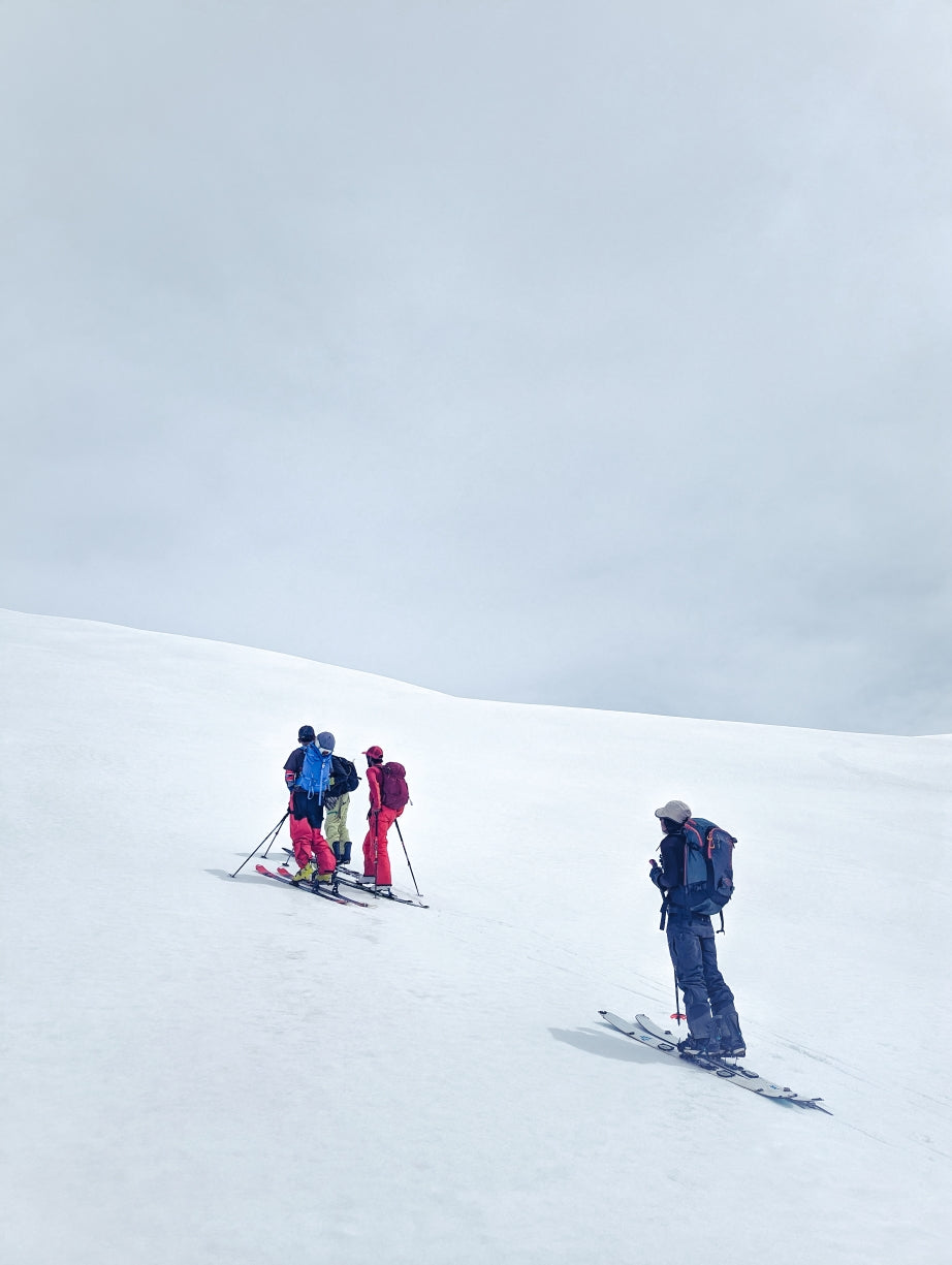 a group of skiers and snowboarders on backcountry skiing trip in Indian Himalayas