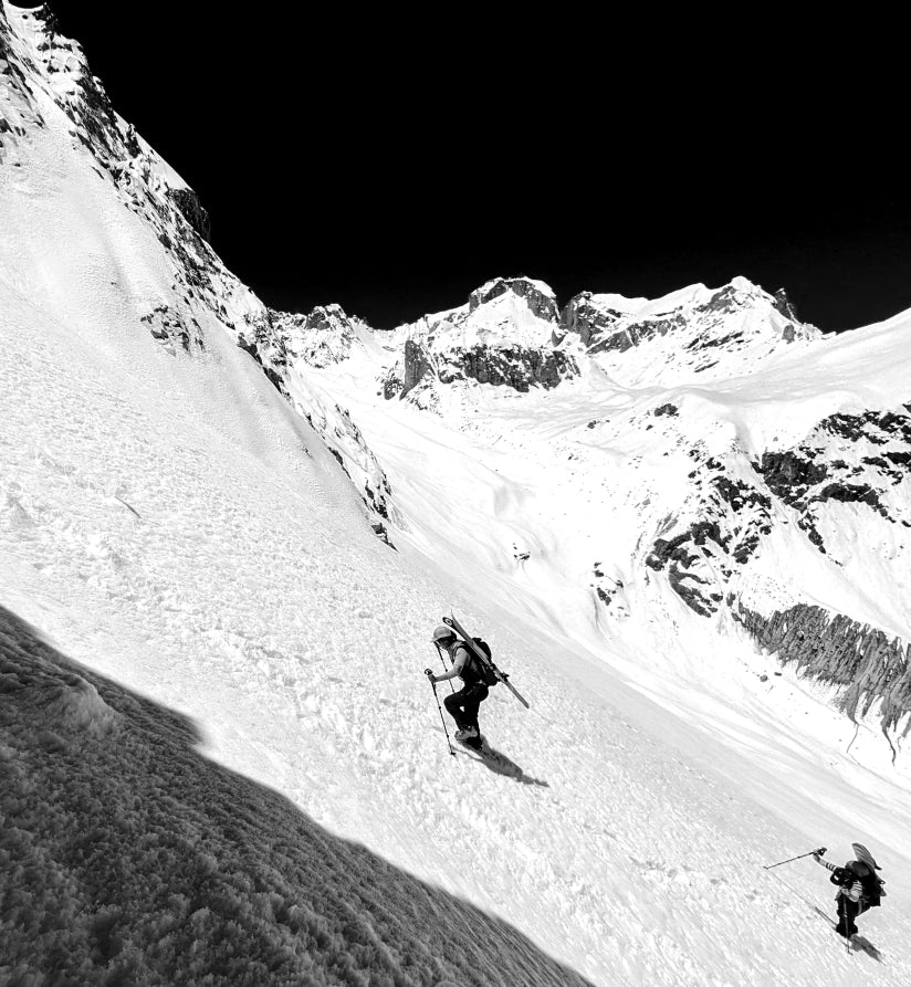 Greeshma and Cindy, while ascending a chute at 5200m in the great himalayan range during a skimountaineering expedition