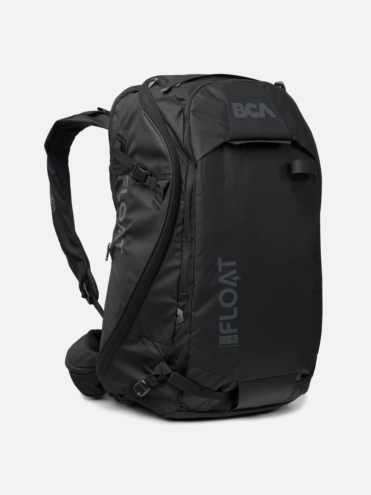 BCA Float E2-35 avalanche airbag backpack in black, front and side view