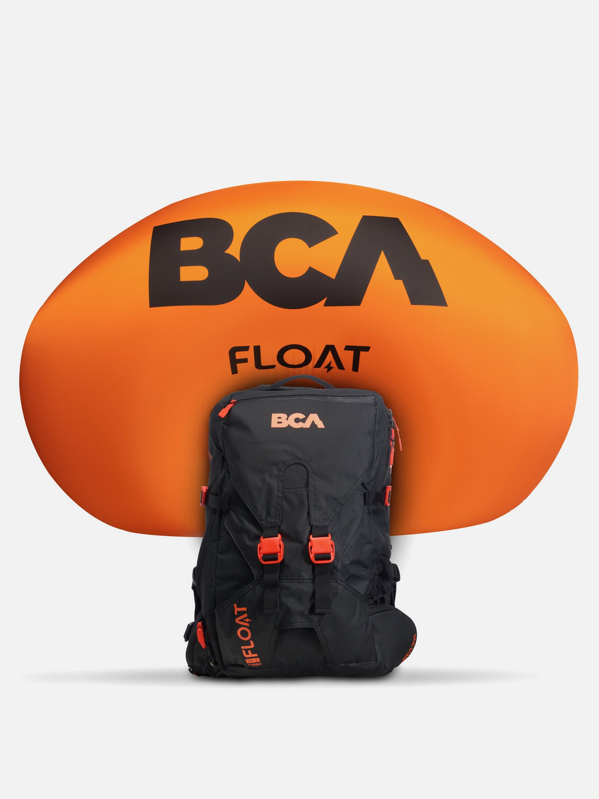 BCA Float E2 MtnPro black vest with the orange 162 litre avalanche airbag deployed