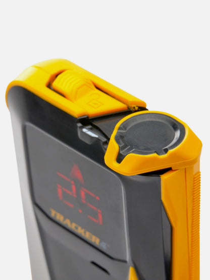 Close view of the BCA Tracker 4 avalanche beacon control dial and rugged housing