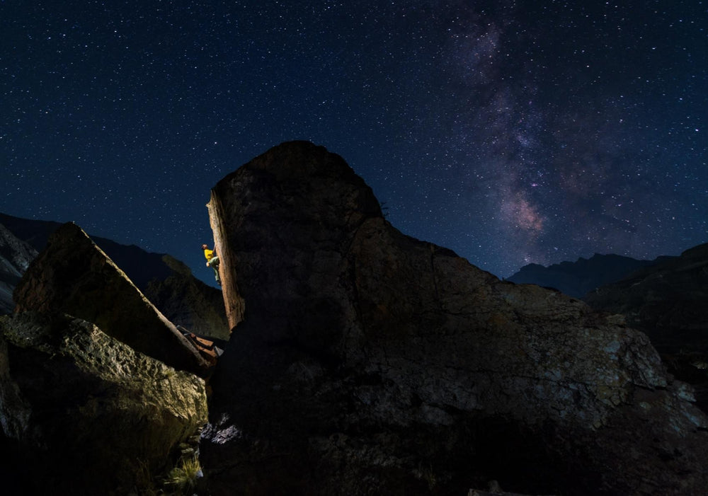 Suru Valley bouldering under a starry sky — original guidebook cover photograph